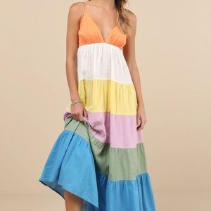 Roxy Honolulu Glow Multi Color Block Tiered Maxi Dress